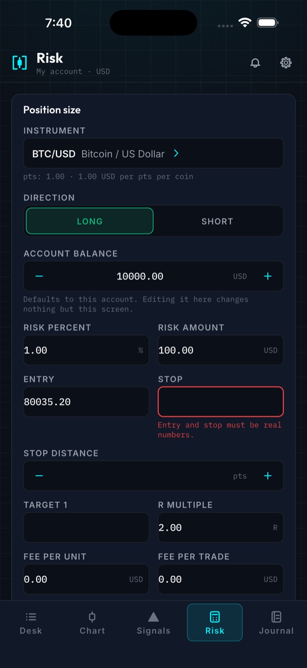 Risk tab: the position-size calculator with instrument, direction, balance, risk percent, entry and stop fields